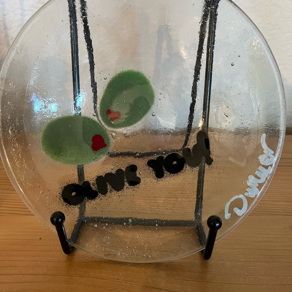 Whimsical Vintage -1998 fused glass plate “Olive You” 6” Olives